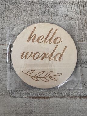 Beige Wooden Hello World Birth Announcement Card Set with Name, Date Fields